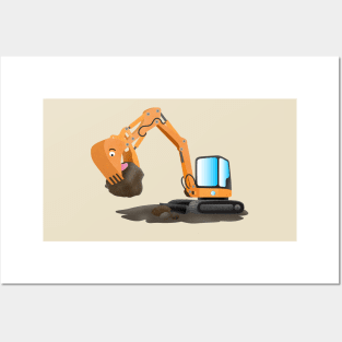 Cute orange excavator digger cartoon Posters and Art